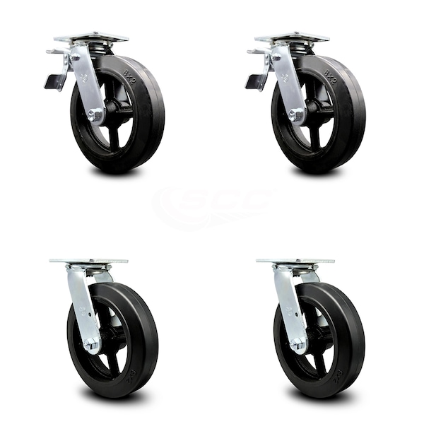 8 Inch Rubber on Steel Caster Set with Ball Bearing 2 Total Lock Brake SCC